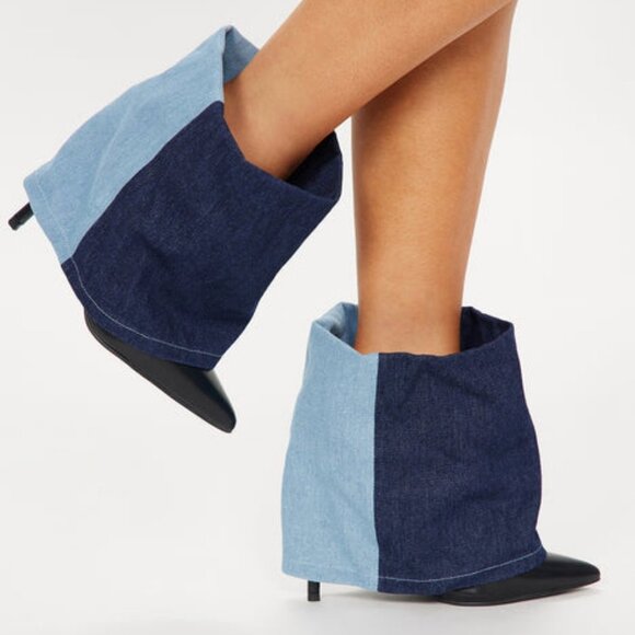 " NEVER FOLD " OVER DENIM BOOTIE IN COLOR BLOCK DENIM (BRAND NEW!) - Picture 1 of 6